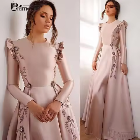 Nude Pink Long Sleeves Fold Bead Evening Dresses Pleats Appliques Prom Gown Vestidos De Fiesta De No