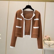 Alisa.sonya Womens Knits Camisole + Cardigan Suit Contrasting Color Casual Stripe Comisole Two-Piece