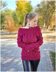 女式手工針織羊絨衫，露肩毛衣，針織毛衣