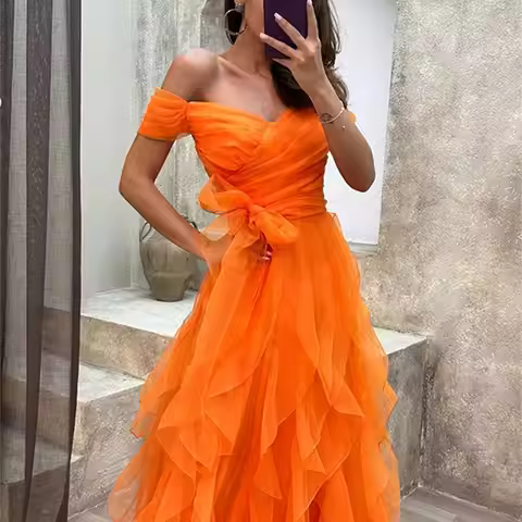 Aileen Grace Multi-layer Orange Color Short Sleeves Elegant Evening Dresses for Women Luxury Prom Dr