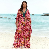 Captivating Plus Size Rayon Kaftan Women Maxi Dress Seaside Islands Chic Lace Up Floral Beach Cover Ups Stuning Robe Caftan Baju Kelawar