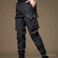 Seluar Harem Black Spring Lelaki Pinggang Elastik Warna Solid Seluar Kargo Berbilang Poket Longgar G