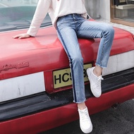 Make old jeans girl 2018 Spring water wash flash light blue slim Nine pants