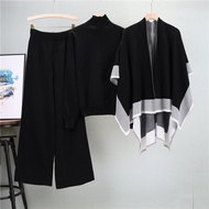 Spring and Autumn New Elegant Knitted Fashion Suit Women's Sweater + Shawl + Wide Leg Pants Three-Pi