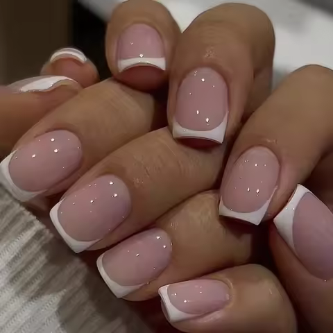 ARTAUG 24PCS Short Press On Nails Square Pink Fingertip White French Trim Press On Nails Full Cover 