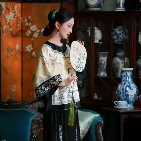 Traditional Chinese Women Clothing Beige Plum Print Crewneck with Large Sleeves Top Black Horse Face