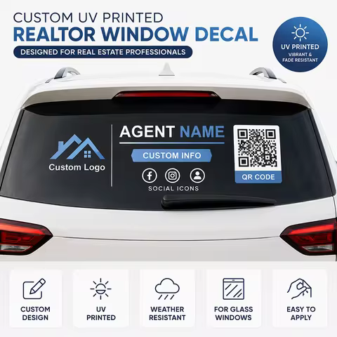 Custom UV Printed Realtor Car Window Sticker Real Estate Agent Logo QR Code Decal for Vehicle Glass
