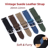 ☌☍﹊ Soft Vintage Genuine Leather Strap Suede Watch Band Watchband Handmade Stitching Quick Release Wristbelt 20mm 22mm Soft Furry