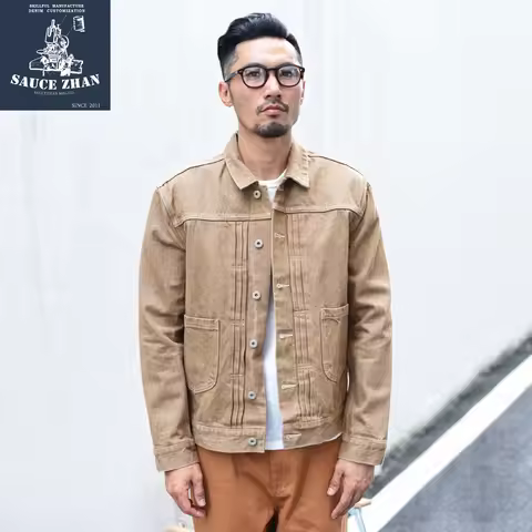 SauceZhan Vulcanization Denim Jacket Khaki Jeans Jacket Selvedge Denim Jacket Jacket Man Casual Men'