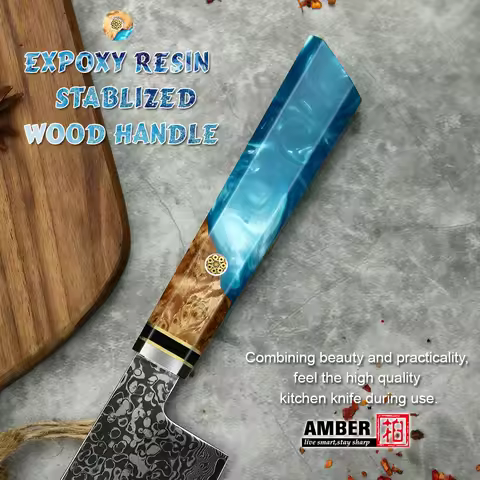 AMBER Damascus DIY Knife handle Kitchen knife Parts DIY Handle without blade Expoxy Resin Stabilized