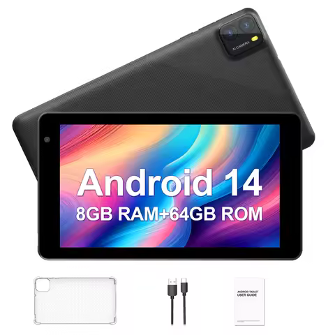 7-inch Android 14 tablet, 8GB (3g+5g memory expansion) RAM+64GB ROM, dual cameras, WiFi, Bluetooth,