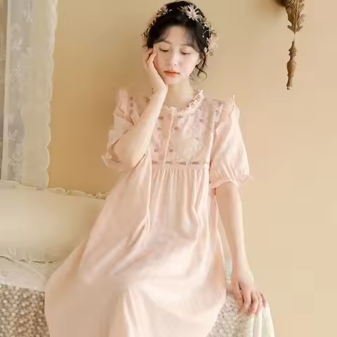 New Princess Summer Pure Lust Print Short Sleeves Sleepshirts Women's Thin Pure cotton Long Nightdre