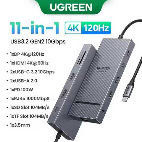 UGREEN USB HUB 11-in-1 USB-C to 4K120Hz DP HDMI USB3.2 10Gbps SD/TF RJ45 3.5mm PD100W for MacBook La