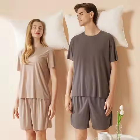 O-neck Seamless Short Sleeve Sleepwear Suit Loose Ice Silk Men Summer Pajamas Home Wear Simple 2Piec