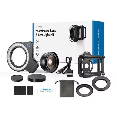 APEXEL 10-20X Zoom Macro Lens+FL26 LED light Kit, Professional Mobile Phone Macro Camera Lens Compat