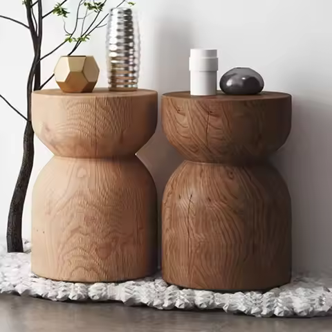 Solid Wood Household Living Room Stool Nordic Style Retro Bedroom Round Nightstand with Wooden Piers