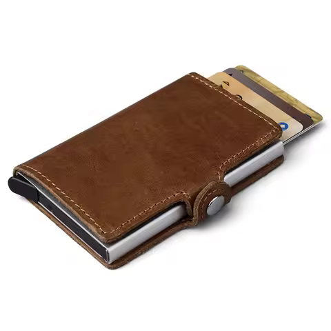 HUMERPAUL Hot Genuine Leather Credit Pop-up Card Holder Wallet Men Metal RFID Blocking Aluminium Bus