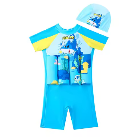 Kids Boy Buoyancy Swimsuit with Cap Summer Short Sleeve Blue Shark Print Swimming Wear 1-5 Years For