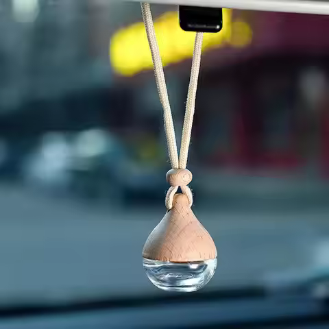 7-8ML Empty Car Air Freshener Pendant Perfume Glass Bottle With Wooden Caps Refillable Car Essential