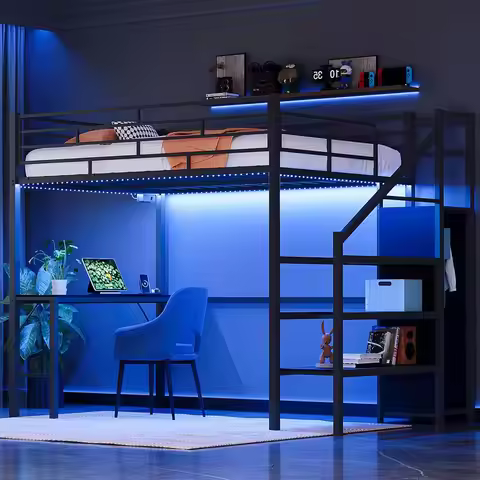 Metal Loft Bed Desk 15in Guardrail USB Charging Staircase Wardrobe LED Kids Teens Adults Black, Cust