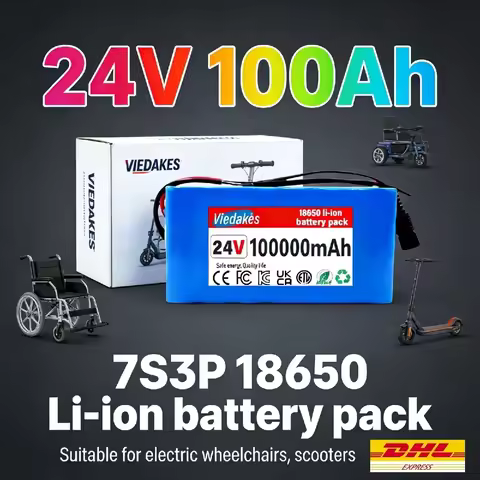 7S3P 24V 100Ah Rechargeable Lithium Battery with BMS 29.4V 2A Charger for Electric Wheelchair Backup