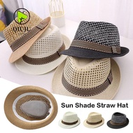 QIUJUU Straw Fedora Hat, Trilby Straw Sun Cap,  Short Brim Breathable Floral Hat Man