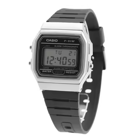 Casio F-91WM-7A Minimalist Digital Watch with Silver Bezel, Black Resin Band, Water Resistant, Alarm