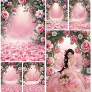 Romantic Pink Petal Floral Birthday Backdrop Wedding Arch Frames Bokeh Petal Backgrounds Photographs