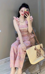 Set áo babydoll hai dây bo chun caro màu hồng và quần ống rộng dài đồ bộ tiểu thư bánh bèo mặc dạo p