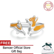 BAMOER 925 Sterling Silver Cute Corgi Adjustable Ring Delicate Enamel Finger Ring for Women Girl Party Jewelry Gift SCR1014