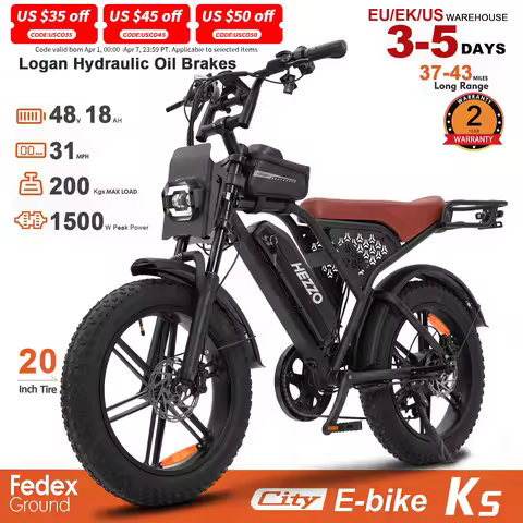 HEZZO K5 Pro 48V Off‑Road Fat Tire Electric Bike, 1500W Peak Power, 20"×4.0 Tire, Dual Shock Absorbe