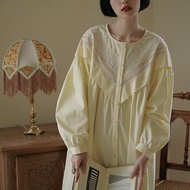 奶酪黃色 溫柔顯白門襟花邊V領拼接洋裝 寬鬆長款復古連身裙