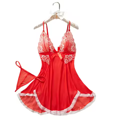 Transparent Two-piece Bow Bra Underwear Lace Straps Dress Sleepwear Pijamas Women's Nightdress And U