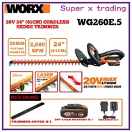 WG260E.5 WORX Cordless Hedge Grass Trimmer Grass Cutter 20V 61cm C/W 1x 20V 2.0ah Battery + WA3880 C