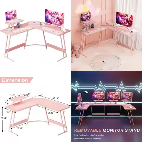 Pink Corner Gaming Desk with Large Monitor Stand, Home Office & Study Workstation, Ideal Gift for Wo