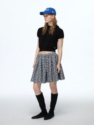 黑白素描 雙面印花法式碎花A字半身蓬蓬裙 碎花短裙
