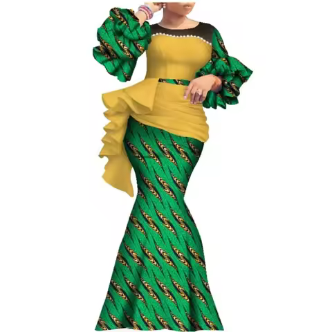 African Women's Long Dress Dashiki Traditional Costume Pearl Dresses Lantern Sleeve Ankara Wedding P