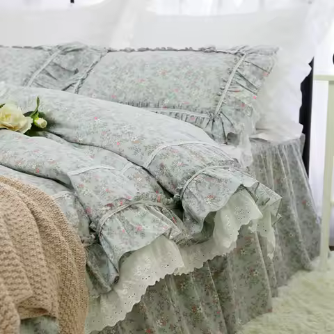 Fashion Floral Print Bedding Set Luxury Lace Ruffle Duvet Cover Embroidery Bed Set Pastoral Bedding 