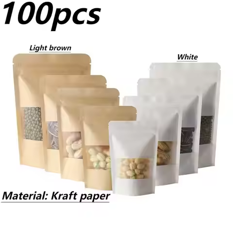 100 pcs kraft matte visible window stand-up pouches snacks dried fruits tea storage kraft seal zippe