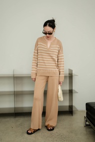 พร้อมส่ง Set เสื้อแขนยาวลายทาง + กก.ขายาว ผ้าพื้น งานป้าย vshopbrand