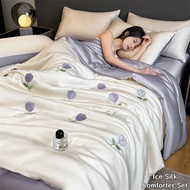 [New Designs] Washed Tencel Bedsheet with Comforter Set Floral Embroidery Cooling Blanket Ice Silk Q