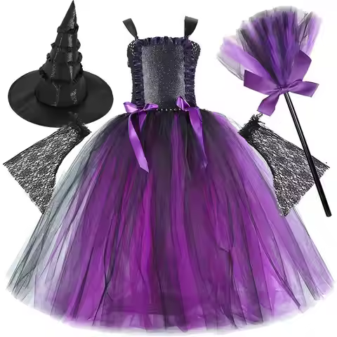 Full Length Elphaba Witch Costumes for Girls Purple Black Halloween Long Dresses Kids Carnival Party