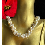 Akoya saltwater double pearl necklace, 8 to 14 mm wide, 5 to 7 mm long, 42 cm long, siliver silver b