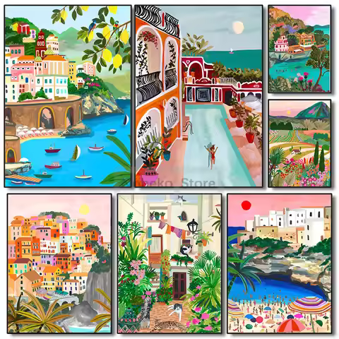 Colorful Italy Travel Illustration Poster Amalfi Coast Portofino Puglia Prints Canvas Painting Wall 