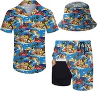 ZePinger Men's 80s Shirt and Shorts Set 80s 90s outfit 90s Shirt Suits with Bucket Hats