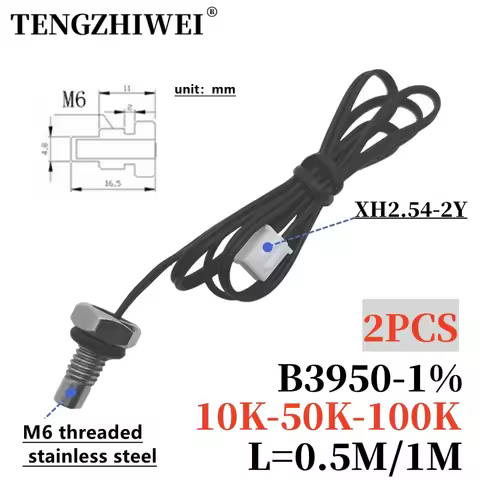 2PCS M6 thread temperature sensor 304 stainless steel probe 10K 50K 100K B3950 NTC thermistor 50CM/1