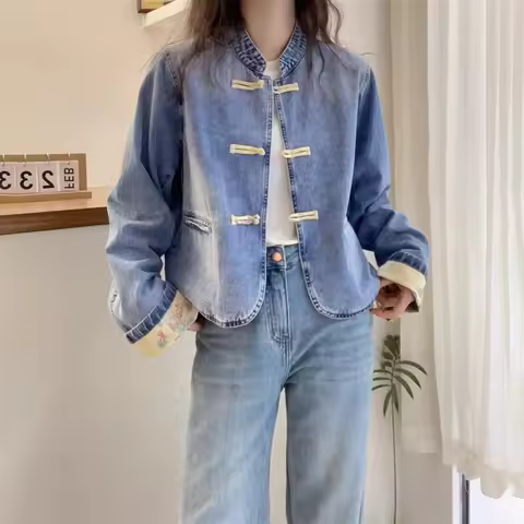 New Chinese Style Short Denim Jacket Women's Loose Fit Button Design Autumn Hot Sale Of The Season C