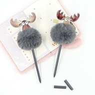 Ready Stock Cartoon Style Elk Ball Pen Christmas Elk Plush Gel Decompression Pen Super Cute Cute Wri