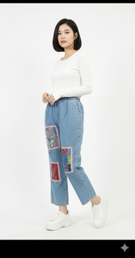 กางเกงยีนส์เอวยางยืดแต่งผ้าม้งบนใยกัญชงแท้ ทอมือ แต่งหมุด เหรียญจีนสวยไม่ซ้ำใคร By Hill Tribe In Sty