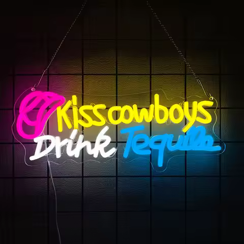 Kiss Cowboy Drink Tequila Neon Sign For Wall Decor,Light Up Sign For Man Cave,Home Bar,Club,Party,Te